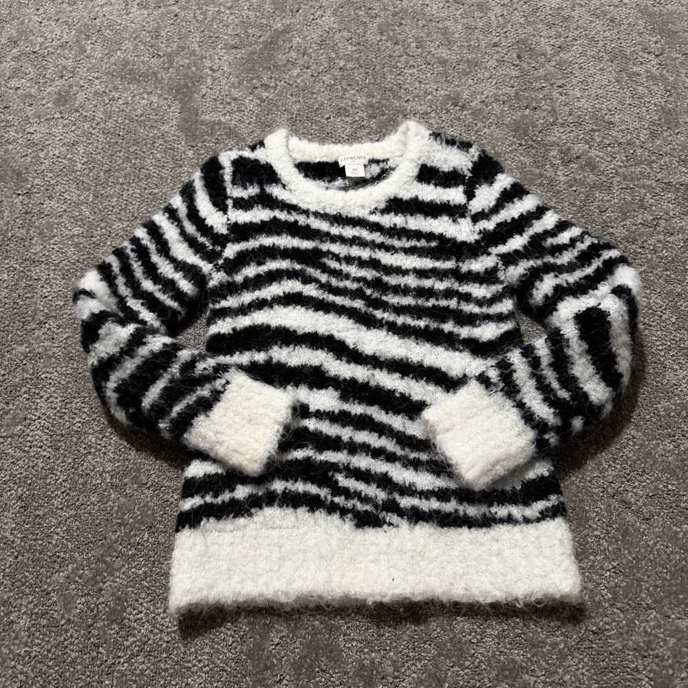 Crewcuts kids XS super fuzzy black‎ and white striped long sleeve sweater shirt